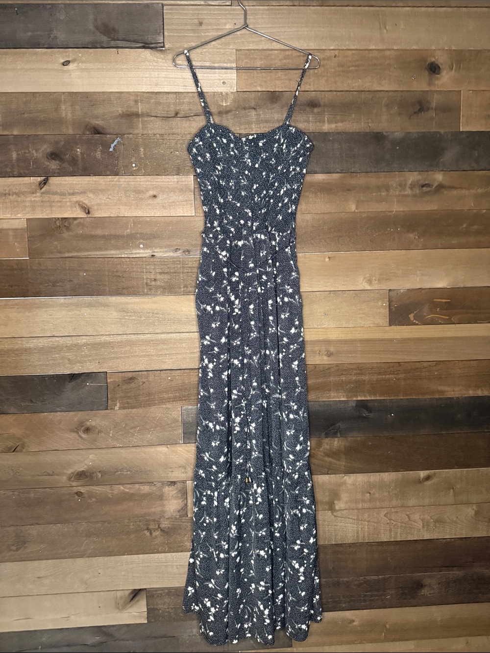 Smocked Dark Gray Floral jumpsuit with Spaghetti Straps